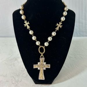 Gold and Silver cross necklace with large faux pearl chain Y2K